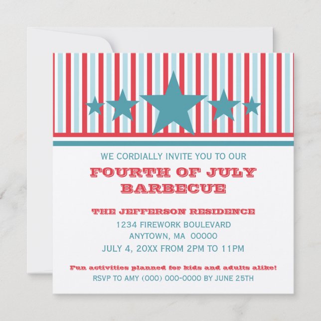 Bold Juillet 4 étoiles et rayures Invitation (Devant)