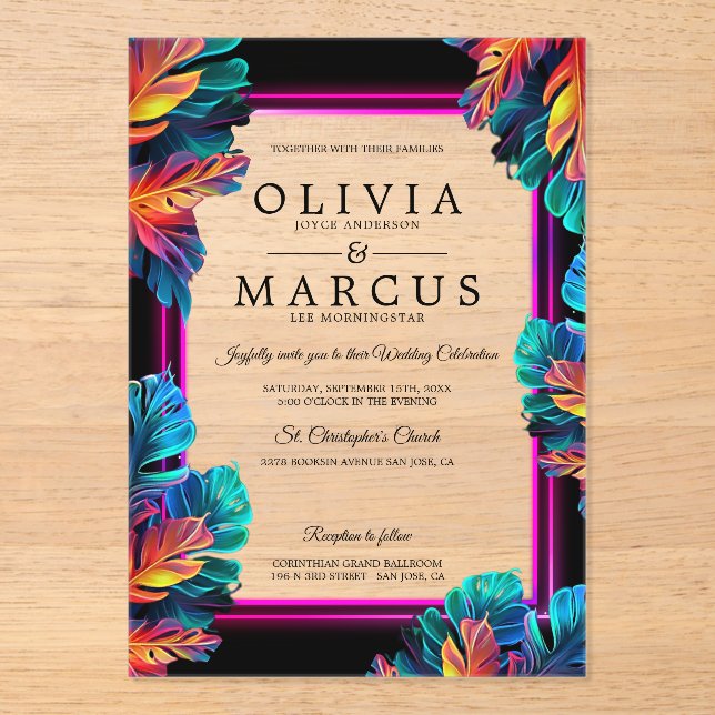 Bold Neon Foliage Acrylic Invitation (Recto)