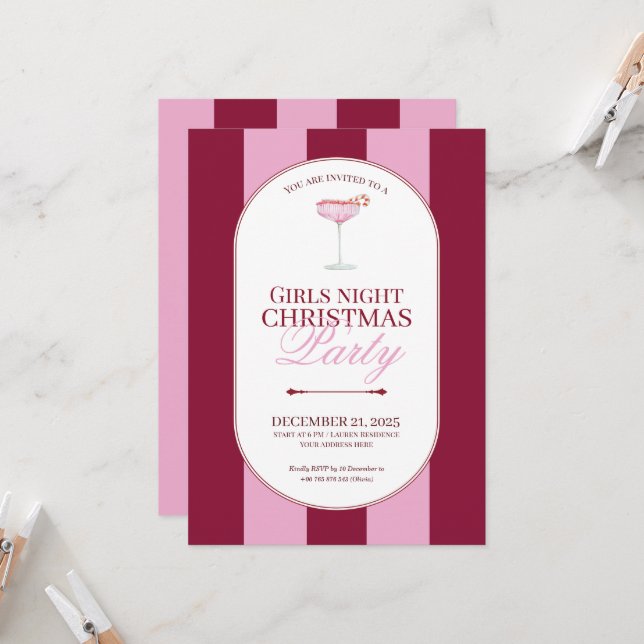 Bold pink red stripe Girls Christmas Invitation (Devant/Arrière en situation)