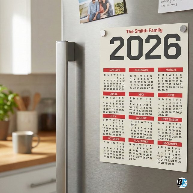 Bold Red Black Custom Family Name 2026 Caledar (Créateur téléchargé)