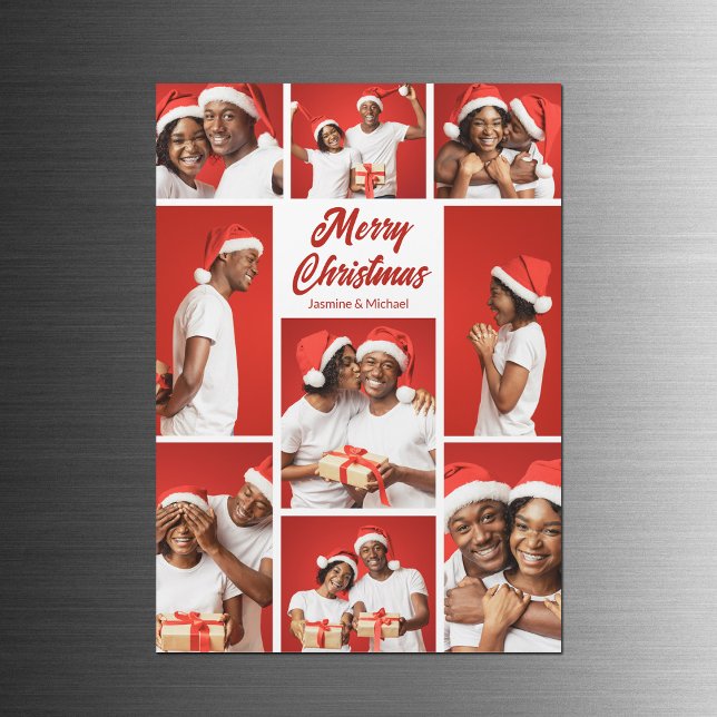 Bold Red Merry Christmas Photo Collage Magnet Card (Créateur téléchargé)