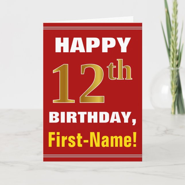 Bold, Rouge, Faux Gold 12e anniversaire avec carte (Devant)