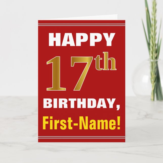 Bold, Rouge, Faux Gold 17e anniversaire avec carte (Devant)