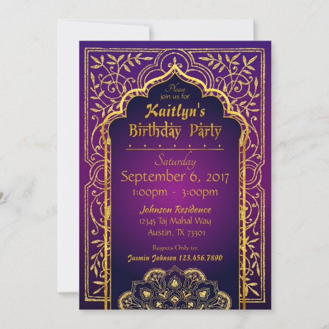 Bollywood Arabian Nights Birthday Invitation Card (Devant)