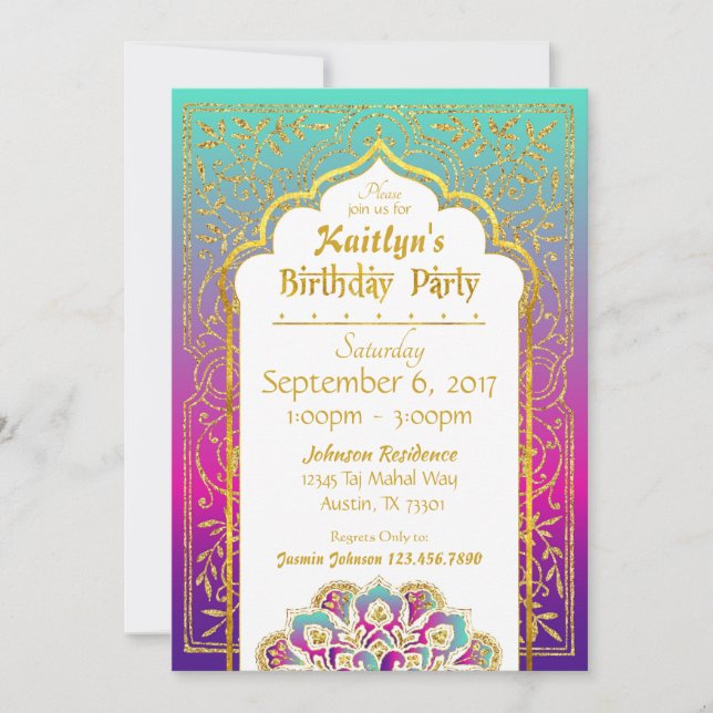 Bollywood Arabian Nights Birthday Invitation Card (Devant)