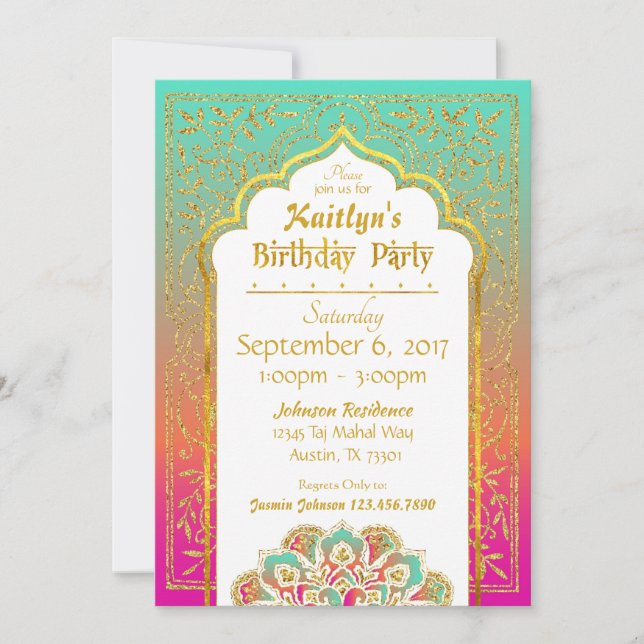 Bollywood Arabian Nights Birthday Invitation Card (Devant)