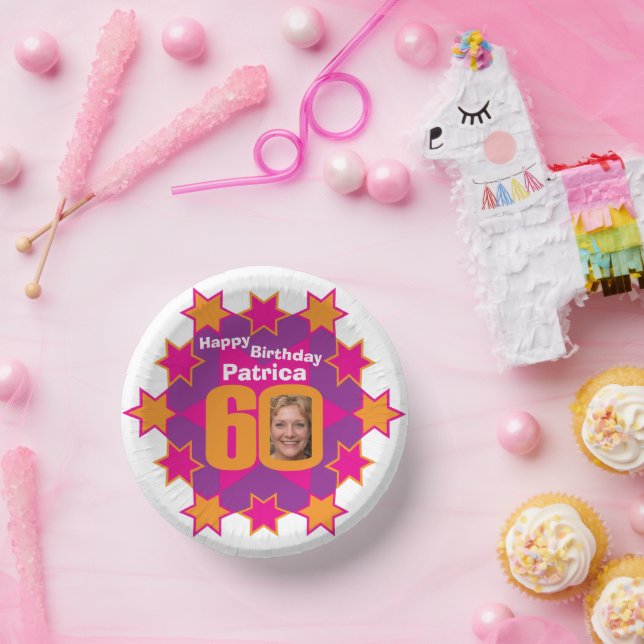 Bols En Carton 60e anniversaire photo et nom étoile rose (Fête)