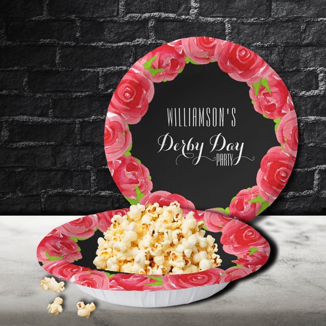 Bols En Carton Aquarelle Roses rouges Derby (Watercolor Red Roses Derby 7" Paper Bowls)