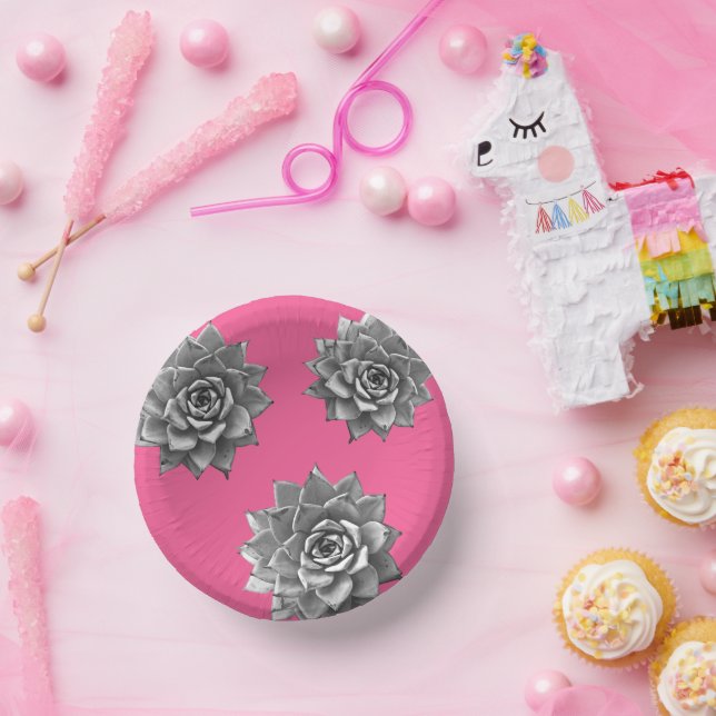 Bols En Carton Aquarelle Succulente Gris sur rose chaud (Fête)