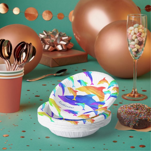 Bols En Carton Beaux dauphins en arc-en-ciel avec prénom (Multi)