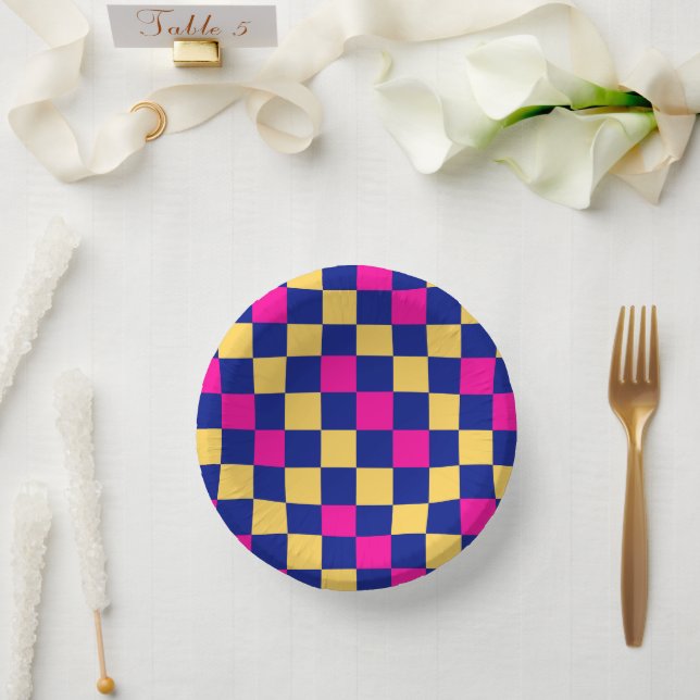 Bols En Carton Blue Yellow Pink Checkered Pattern Design  (Mariage)