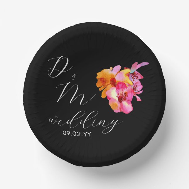 Bols En Carton Bright Floral Aquarelle Monogramme Mariage noir (Recto)