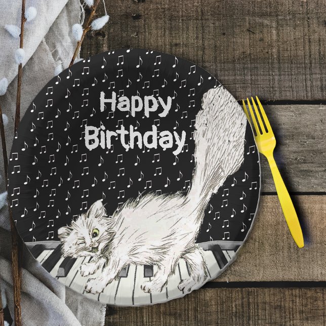 Bols En Carton Chat d'Anniversaire sympa sur les touches de piano (Cute white cat on piano keys white music notes on black Happy Birthday paper party bowls.)