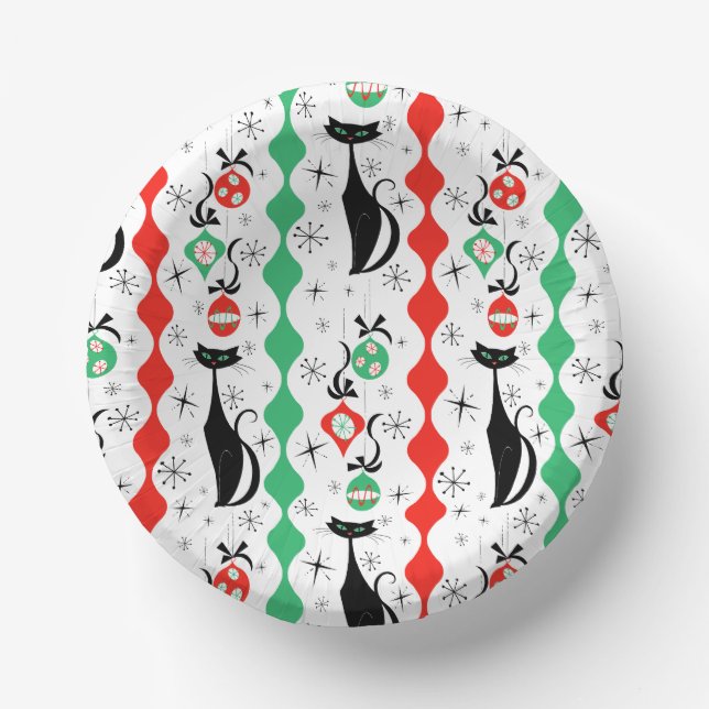 Bols En Carton Chat rayé rétro Noël Multi rond (Recto)