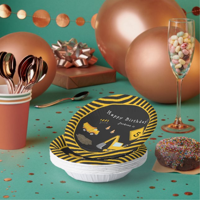 Bols En Carton Construction Joyeux Anniversaire - Nom et âge garç (Multi)