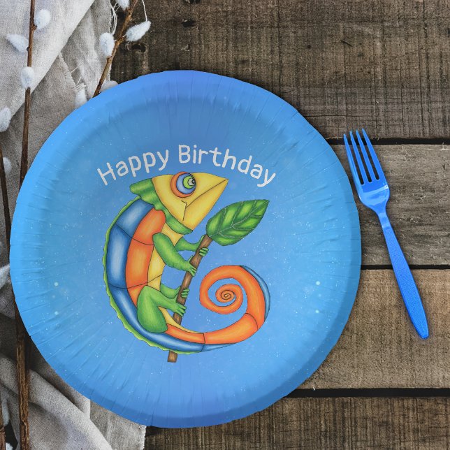 Bols En Carton Couleurs vives joli Cartoon Lizard Leaf Anniversai (Cute Lizard holding twig with leaf in bright colours on Happy Birthday paper party bowls.)