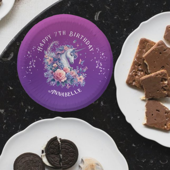 Bols En Carton Cute Unicorn violet Fleurs roses Filles Anniversai (Créateur téléchargé)