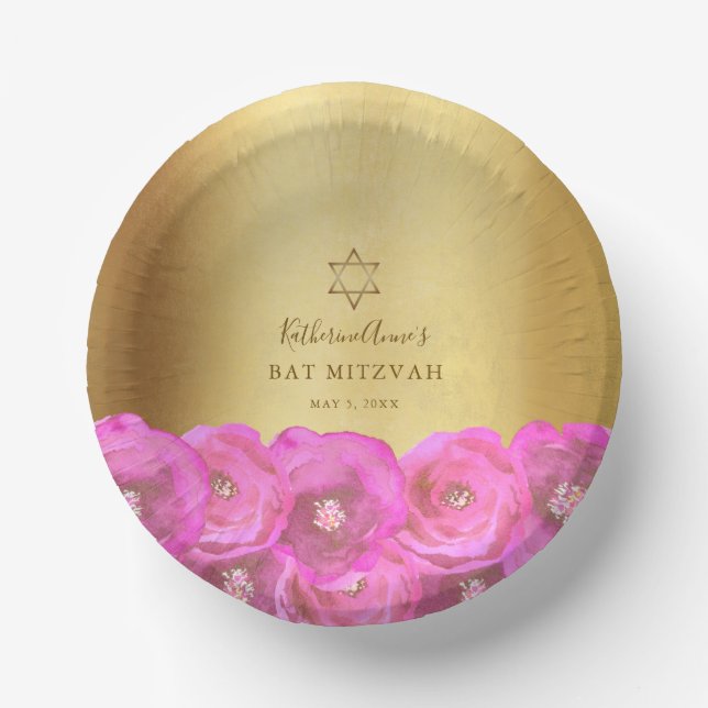 Bols En Carton Elegant Pink Rose Floral Gold Bat Mitzvah (Recto)