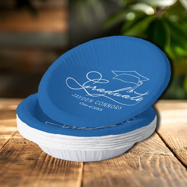 Bols En Carton Élégant Script et Casquette bleu pâle (Elegant Graduate script and grad cap on blue paper bowls)
