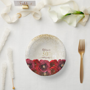 Bols En Carton Élégante Rose rouge Floral Gold 50e fête d'anniver