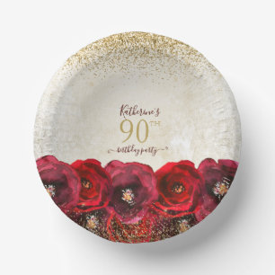 Bols En Carton Elégante Rose rouge Floral Gold 90e fête d'anniver
