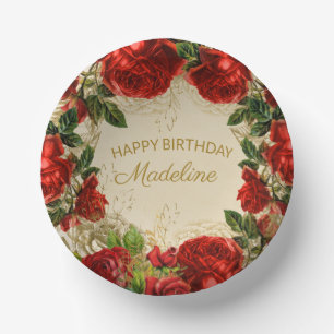Bols En Carton Fleurs Roses Rouges Vintage "Joyeux Anniversaire"