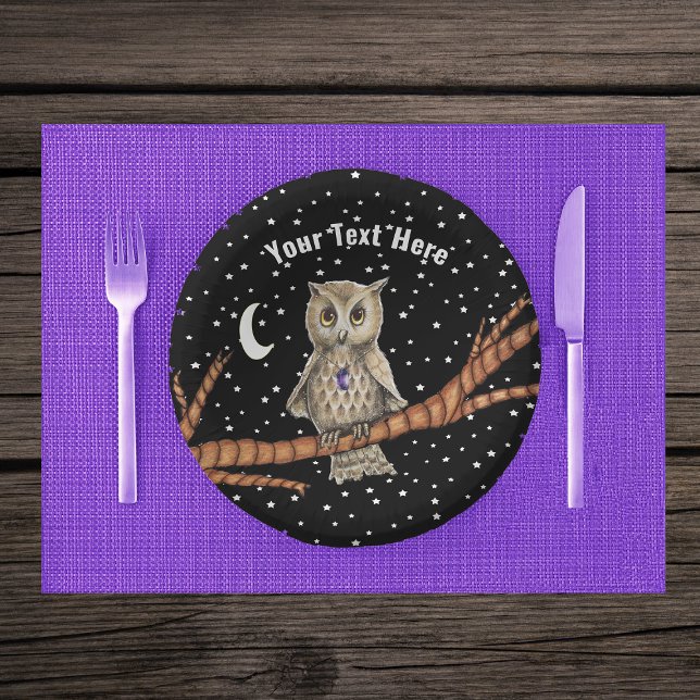 Bols En Carton Joli Chouette Cristal Collier Lune Étoiles Noir (Pretty owl on tree branch in moon and stars on black paper party bowls.)