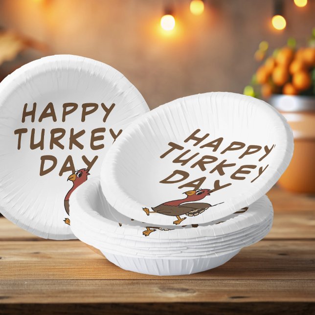 Bols En Carton Joyeux Jour de la Turquie Drôle Thanksgiving Paper (Happy Turkey Day! Fun cartoon turkey paper bowls ready to celebrate Thanksgiving with you)