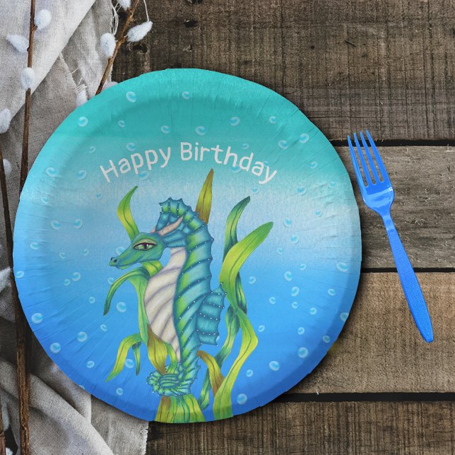Bols En Carton Magique Ocean Sea Dragon Horns Seaweed Blues (Magical ocean aqua blue sea dragon seaweed on water shades of blue with bubbles paper Birthday bowl.)