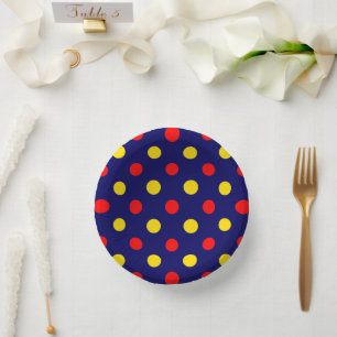 Bols En Carton Motif à pois bleu marine rouge jaune