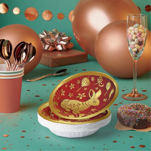 Bols En Carton Nouvel An chinois 2023 Année Lapin Rouge Or 7" (Multi)