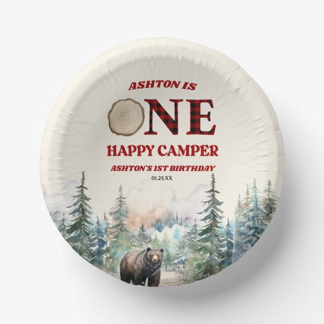Bols En Carton ONE Happy Camper Bear Rouge 1er anniversaire fête (Recto)