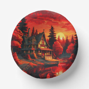 Bols En Carton Peinture coucher de soleil avec chalet et lac-6663