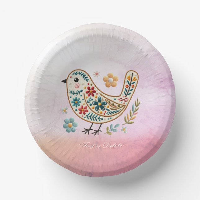 Bols En Carton Petit Oiseau Floral Broderie Pink Paper Bowl (Recto)