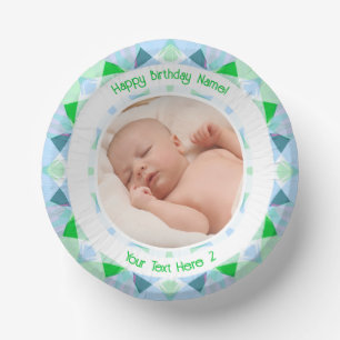Bols En Carton Photo personnalisée Nom Age bleu vert Anniversaire