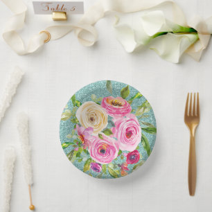 Bols En Carton Roses d'aquarelle en Parties scintillant Aqua rose