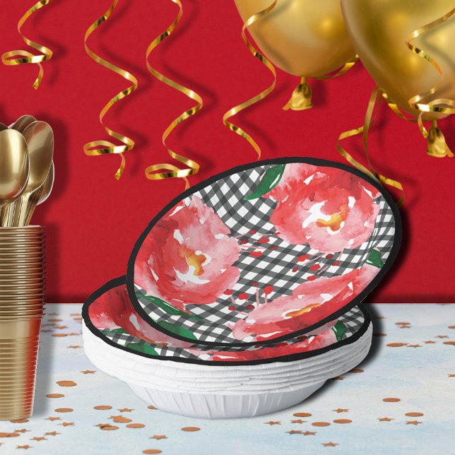 Bols En Carton Roses rouges En vichy noir blanc (Red roses on black and white gingham paper bowls)