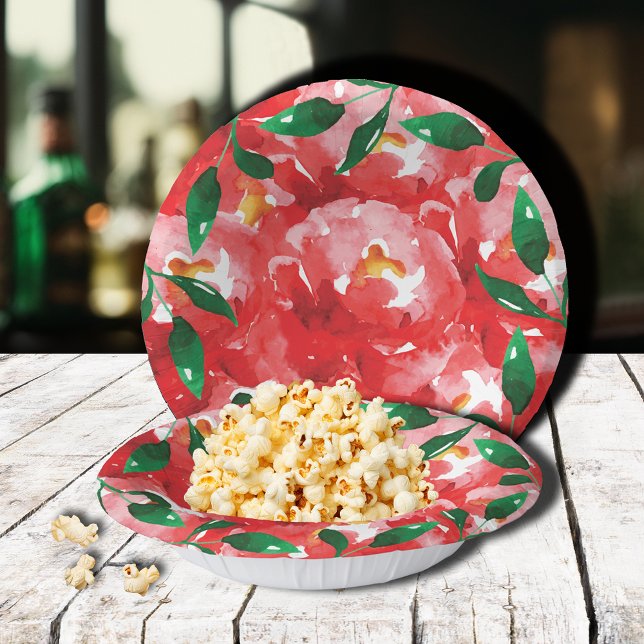 Bols En Carton Rouge Roses Vert Feuilles de Papier Floral (Red roses and greenery floral black rimmed paper bowls)