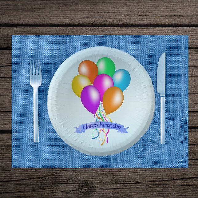 Bols En Carton Rubans Ballons d'Anniversaire aux couleurs vives (Bunch of colorful balloons matching ribbons Happy Birthday banner on blue paper party bowls.)