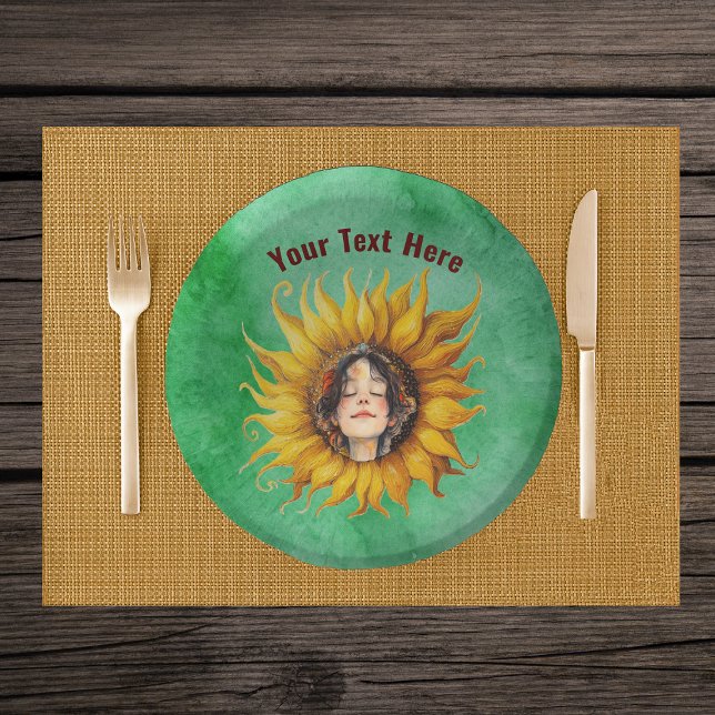 Bols En Carton Smiling Girl Brown Hair in Big Sunflower on Green (Smiling girl brown hair in middle of big fancy yellow sunflower on green paper party bowls.)