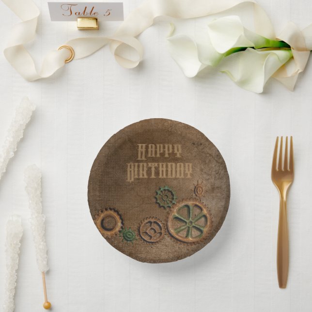 Bols En Carton Steampunk Rousty Gears Happy Birthday Papier Plaqu (Mariage)