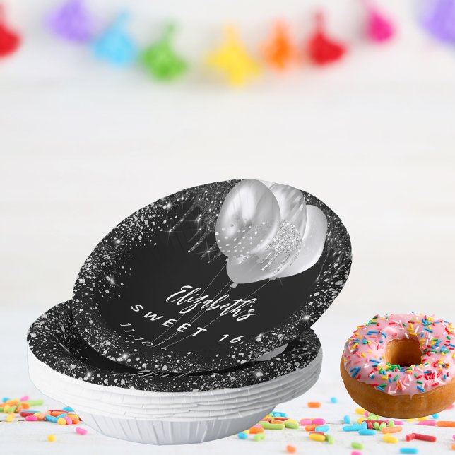 Bols En Carton Sweet 16 argent noir parties scintillant nom ballo (Créateur téléchargé)
