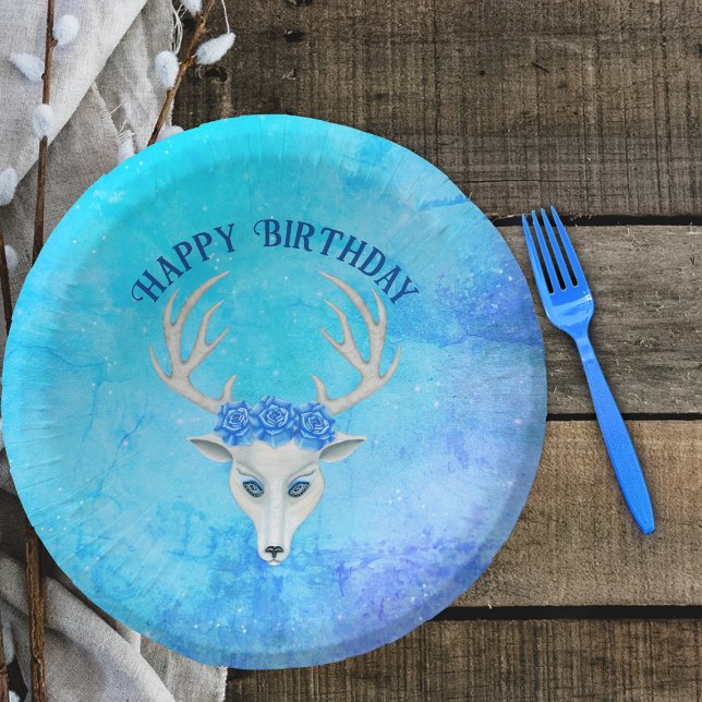 Bols En Carton White Deer Head Blue Eyes Rose Antlers Anniversair (White deer head wearing pretty blue roses with antlers on happy birthday paper bowl in mix of blues.)