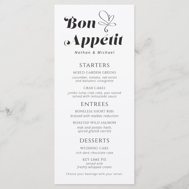 Bon Appetit Dîner Mariage Noir Blanc Menu (Devant)