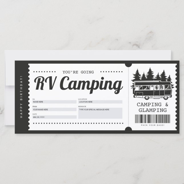 Bon cadeau camping RV, Certificat de camp d'été (Devant)