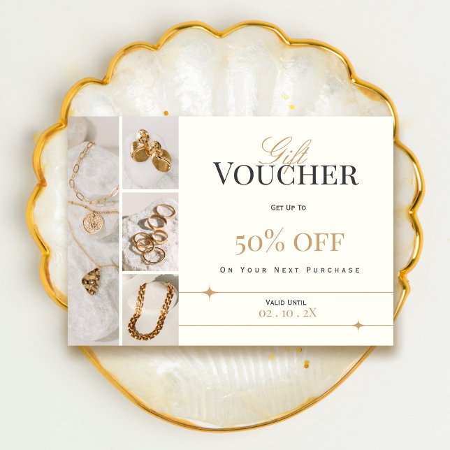 Bon cadeau élégant pour bijoux | Carte de réductio (Elegant Jewelry Gift Voucher | Gold Discount Card #voucherjewerly #addphotos #promo #discountcard)