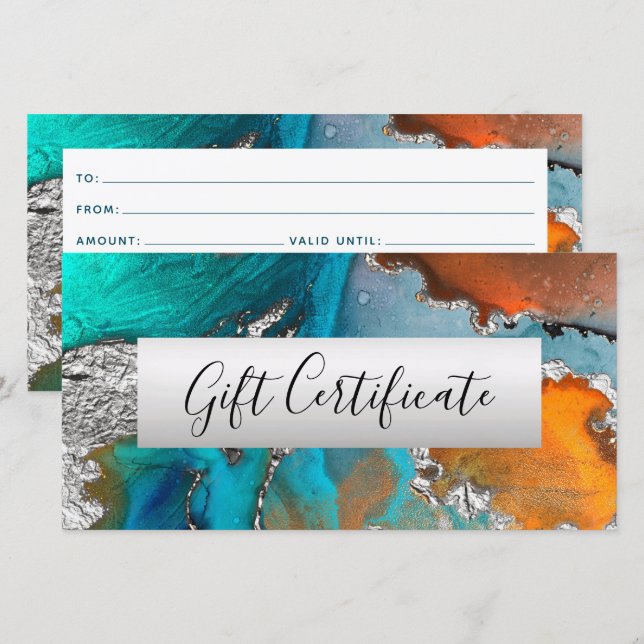 Bon de cadeau aquarelle orange turquoise argent (Devant / Derrière)