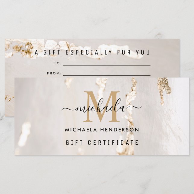 Bon de Cadeau Monogrammé avec Feuille d'Or Élégant (Devant / Derrière)