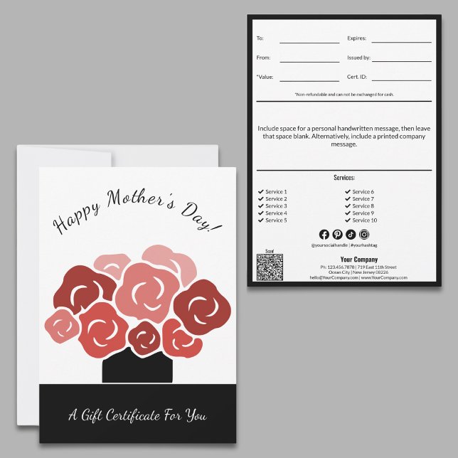 Bon de cadeau pour le bouquet rouge de la fête des (Happy Mother's Day Red Bouquet Gift Certificate, Small Business Marketing Tool)