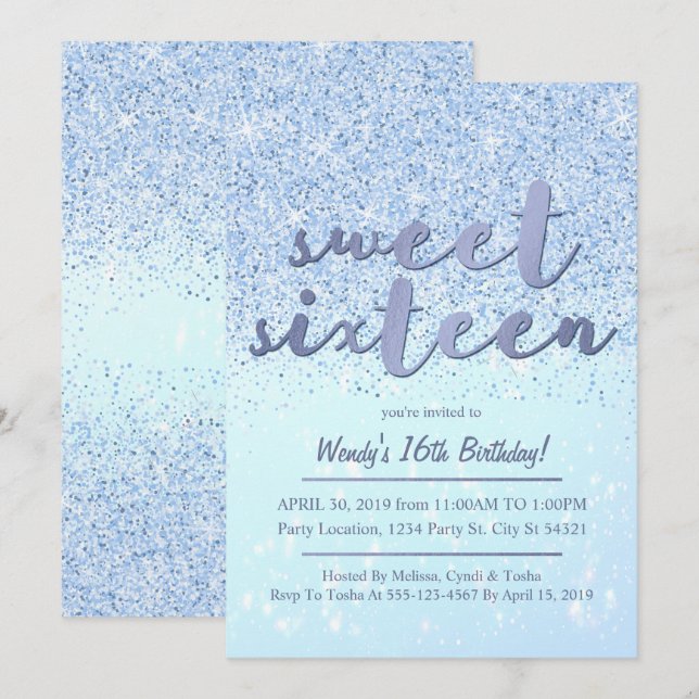 Bonbon bleu à parties scintillantes 16 invitations (Devant / Derrière)